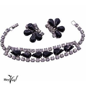 Vintage 50s Black Rhinestone 2 Piece Set Bracelet and Clip On Earrings - Hey Viv
